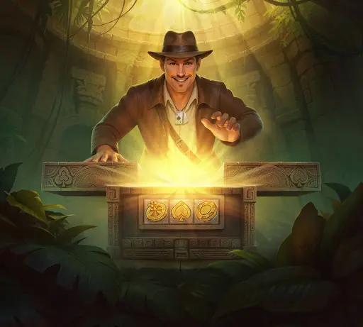 Explorador sonriente abriendo un cofre luminoso con simbolos de cartas y recompensas doradas, rodeado de luz y vegetacion antigua, representando la experiencia del casino online de sankra en un entorno visual tematico de aventura