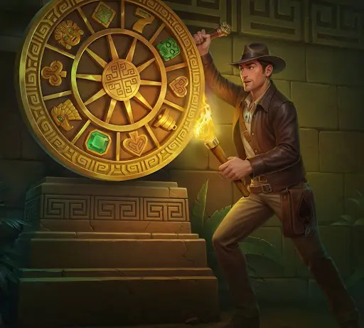 Explorador iluminando una rueda dorada con simbolos antiguos dentro de un templo, representando las mecanicas de juego y la experiencia del casino sankra en un entorno visual de aventura y descubrimiento